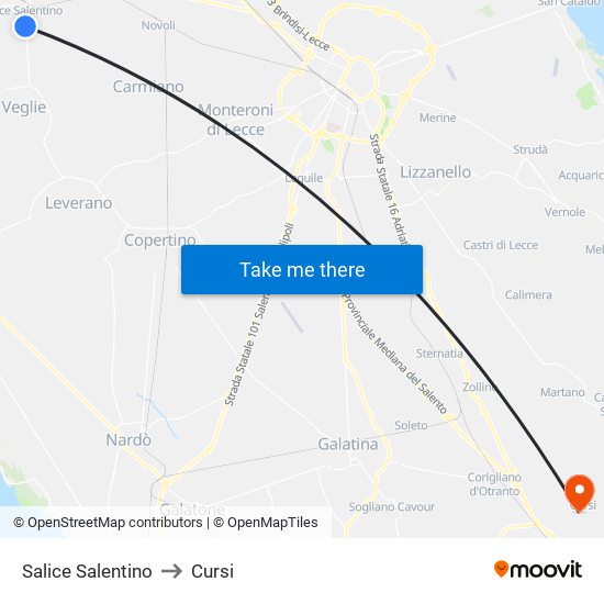 Salice Salentino to Cursi map