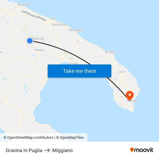 Gravina In Puglia to Miggiano map