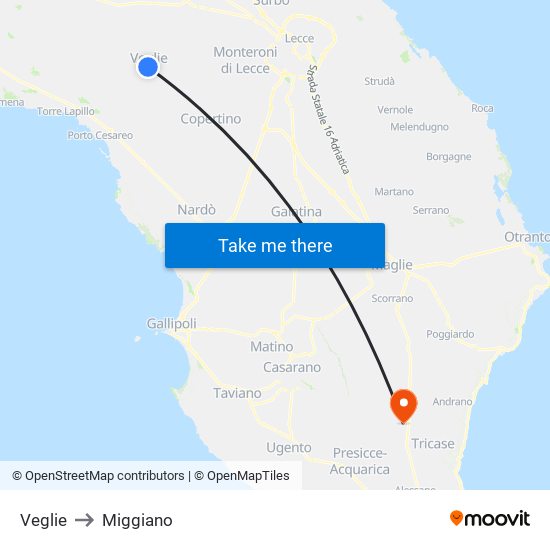 Veglie to Miggiano map