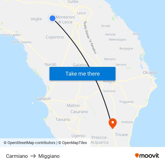 Carmiano to Miggiano map