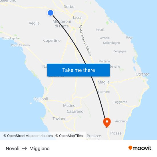 Novoli to Miggiano map