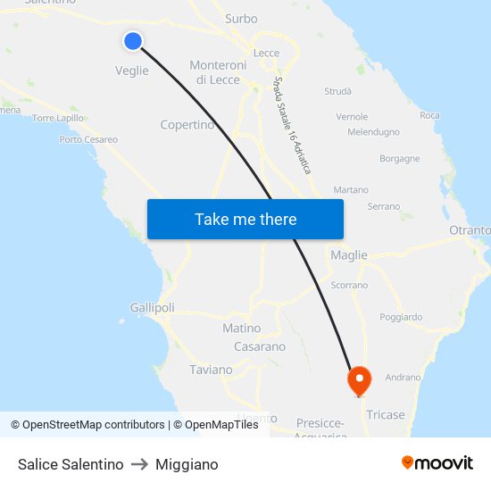 Salice Salentino to Miggiano map