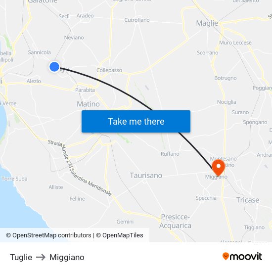 Tuglie to Miggiano map