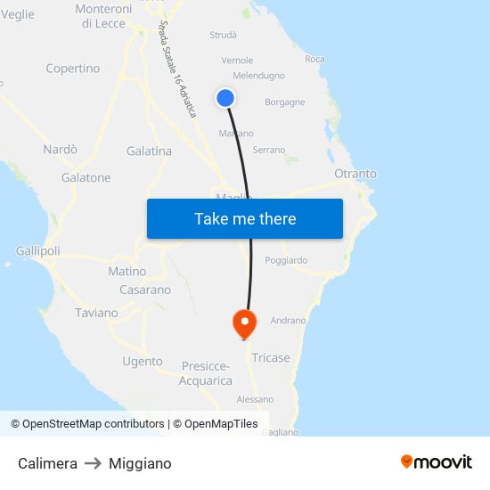 Calimera to Miggiano map