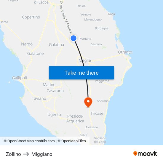 Zollino to Miggiano map