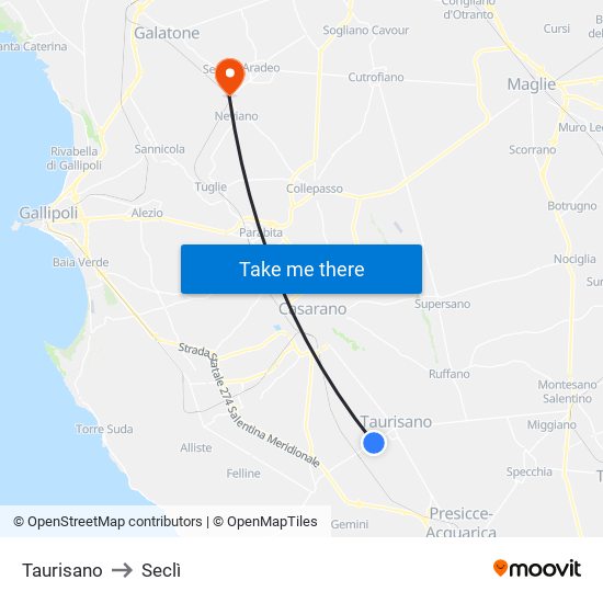Taurisano to Seclì map