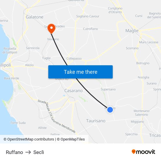 Ruffano to Seclì map