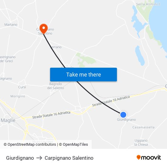Giurdignano to Carpignano Salentino map