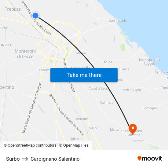 Surbo to Carpignano Salentino map