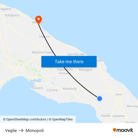 Veglie to Monopoli map