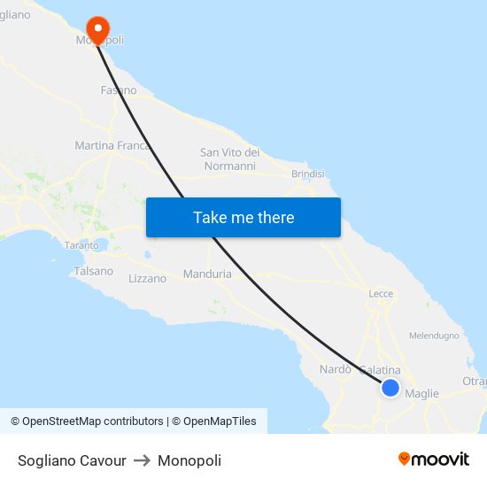 Sogliano Cavour to Monopoli map