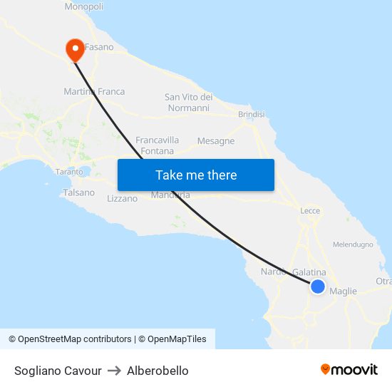 Sogliano Cavour to Alberobello map