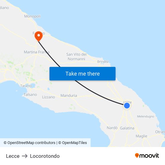 Lecce to Locorotondo map