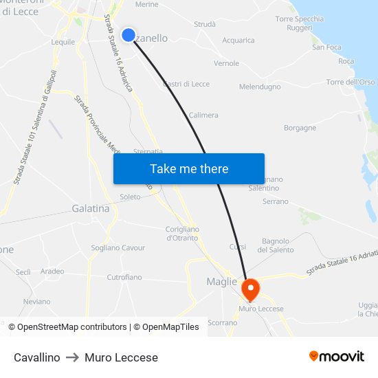 Cavallino to Muro Leccese map