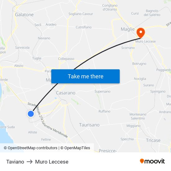 Taviano to Muro Leccese map