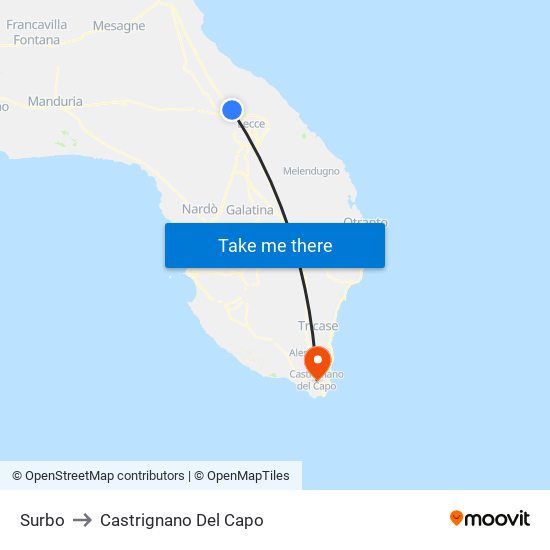 Surbo to Castrignano Del Capo map