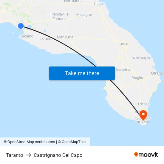 Taranto to Castrignano Del Capo map