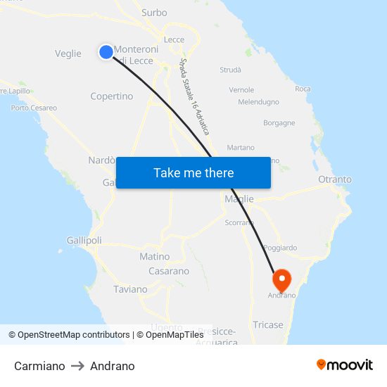 Carmiano to Andrano map