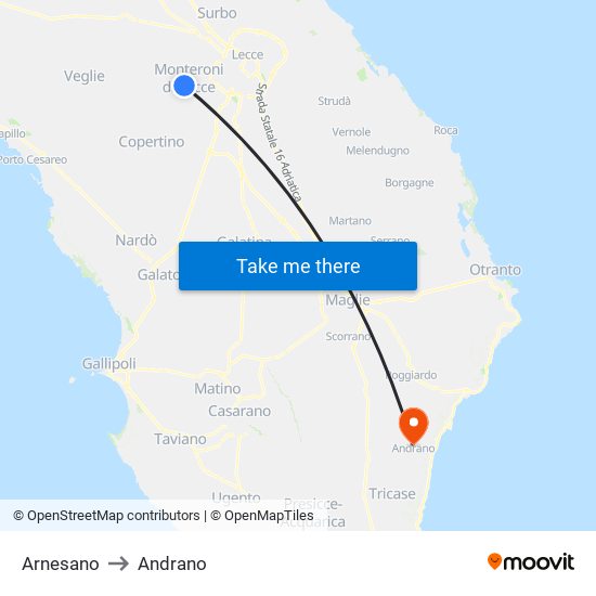 Arnesano to Andrano map