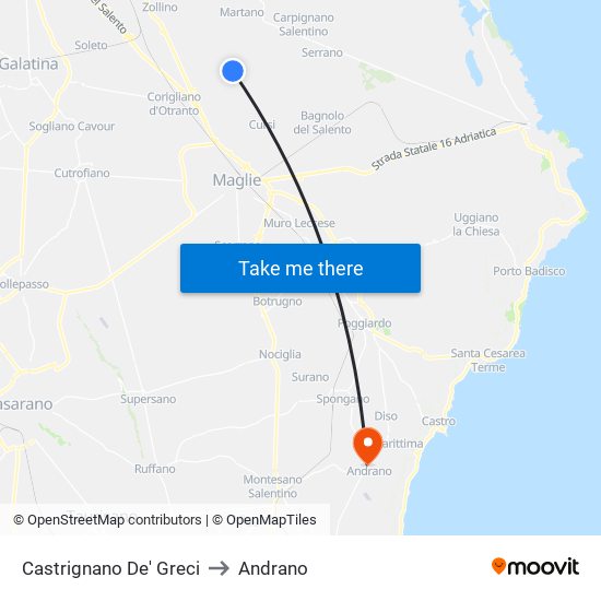 Castrignano De' Greci to Andrano map
