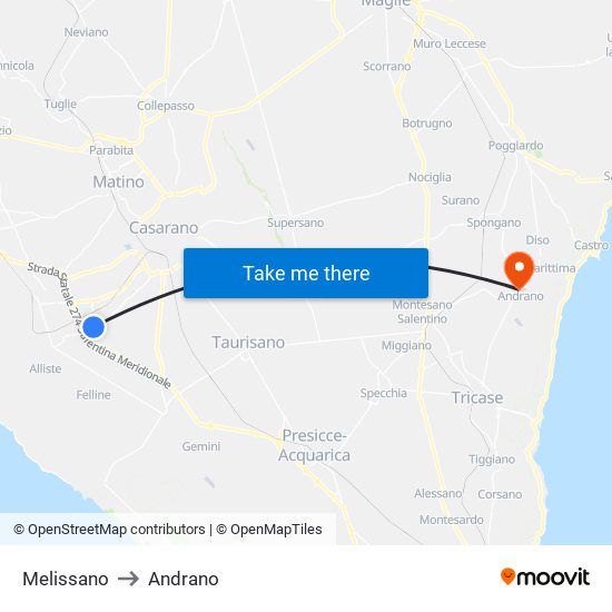 Melissano to Andrano map