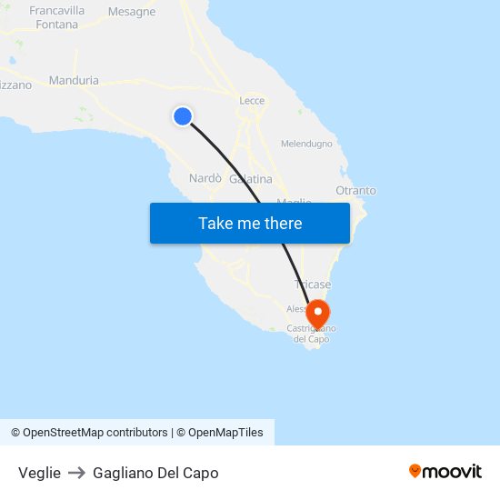 Veglie to Gagliano Del Capo map