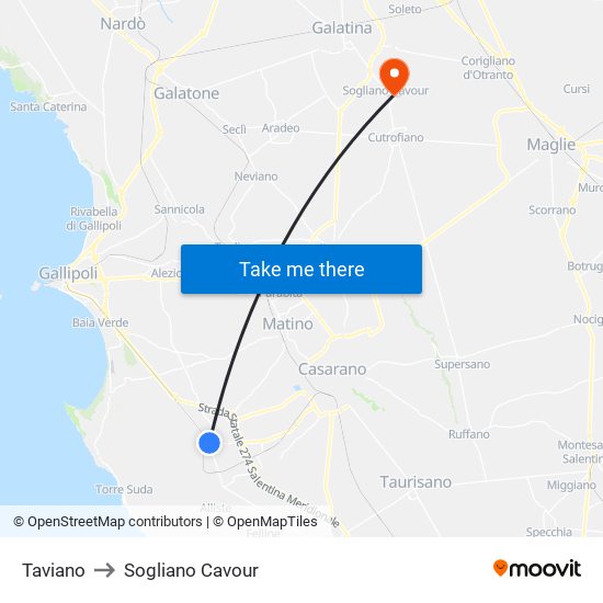 Taviano to Sogliano Cavour map