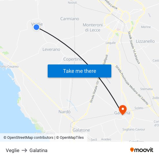 Veglie to Galatina map
