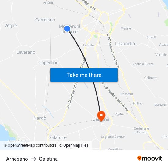 Arnesano to Galatina map