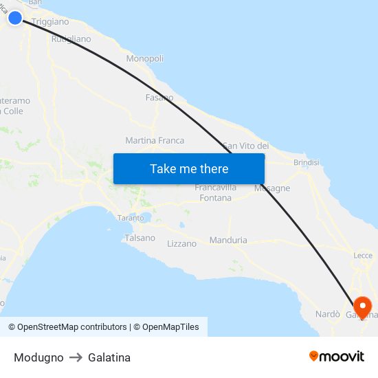 Modugno to Galatina map