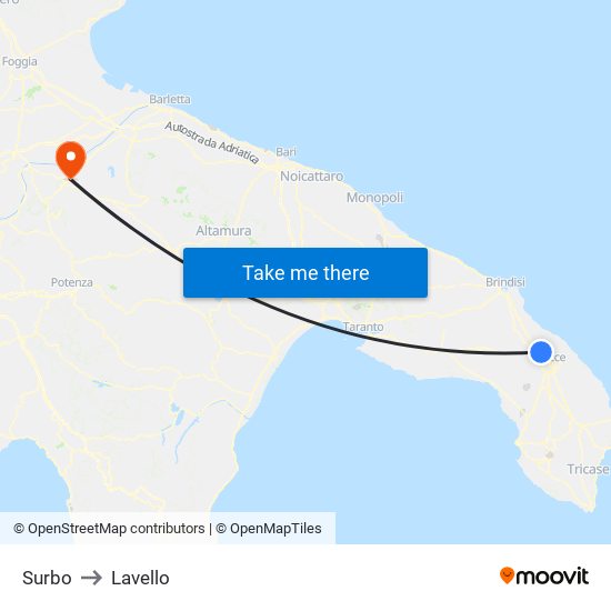 Surbo to Lavello map