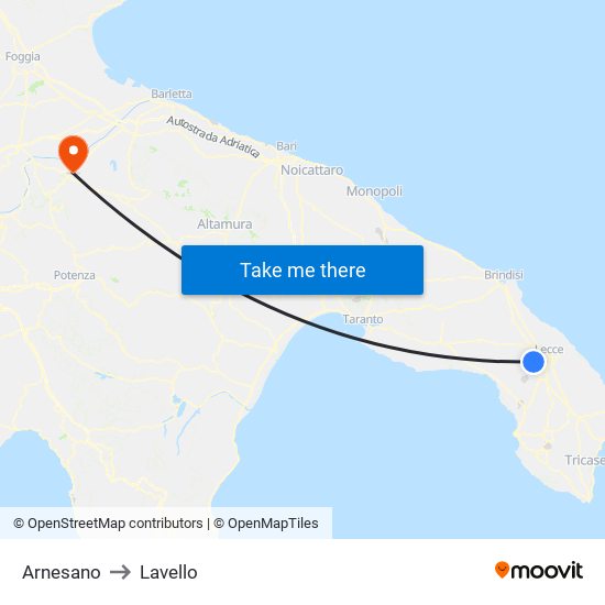Arnesano to Lavello map