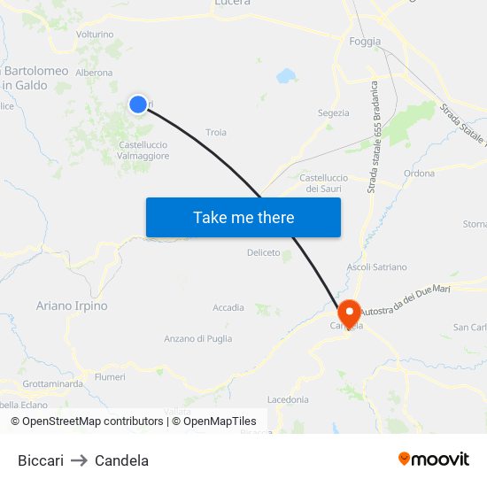 Biccari to Candela map