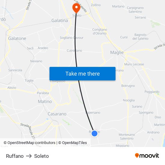 Ruffano to Soleto map