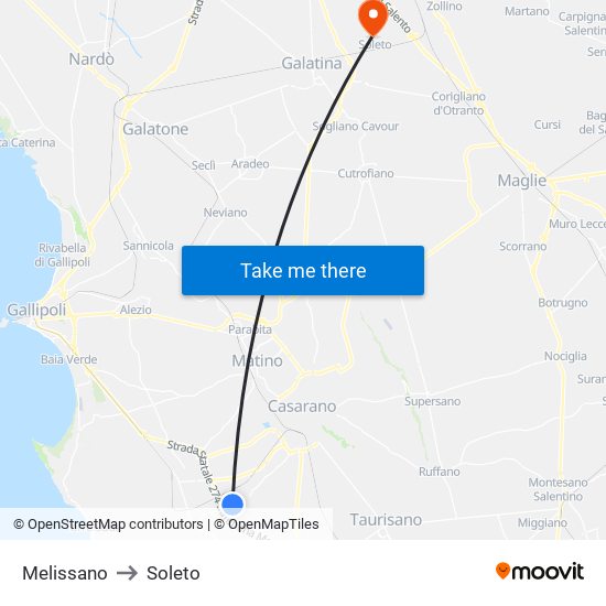 Melissano to Soleto map