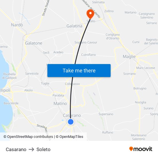 Casarano to Soleto map