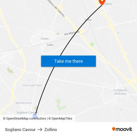 Sogliano Cavour to Zollino map