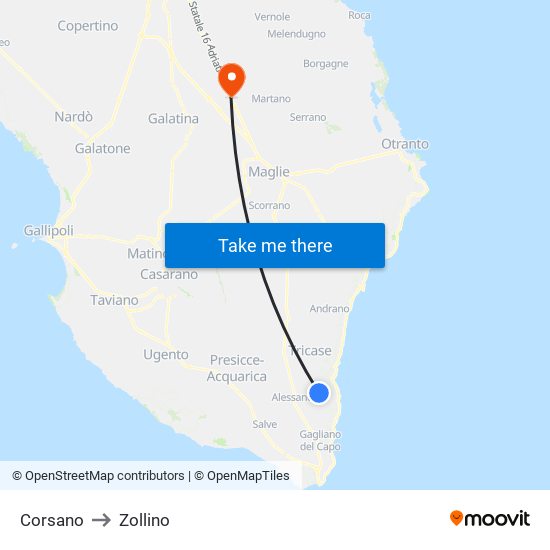 Corsano to Zollino map