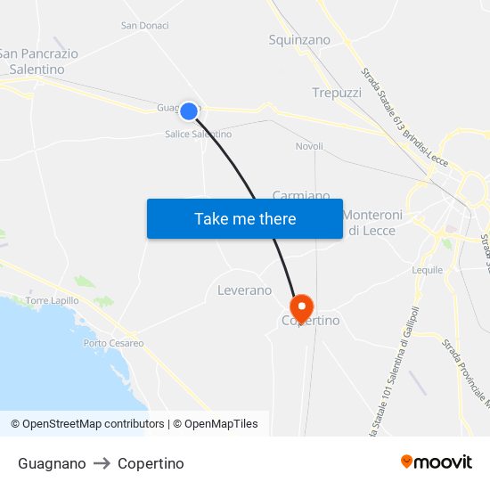 Guagnano to Copertino map