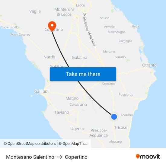 Montesano Salentino to Copertino map