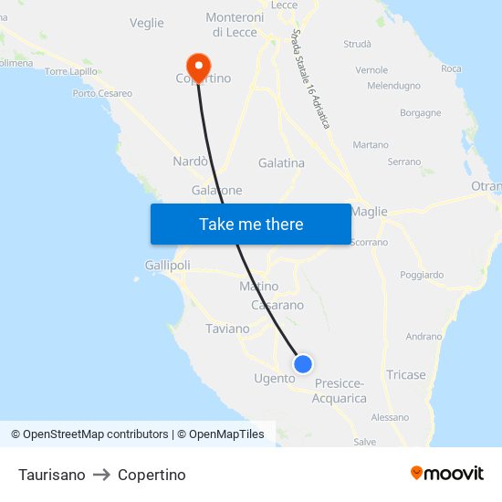 Taurisano to Copertino map