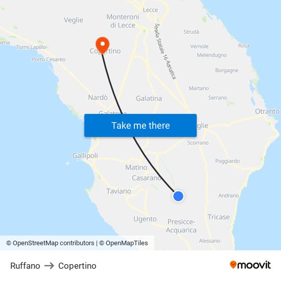 Ruffano to Copertino map