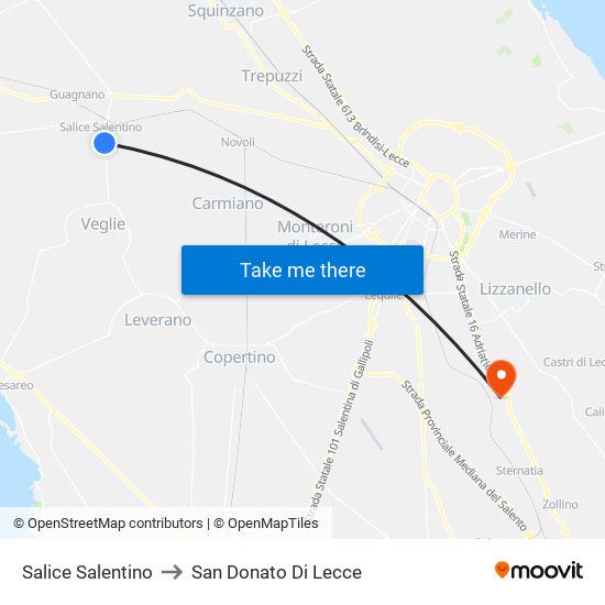 Salice Salentino to San Donato Di Lecce map