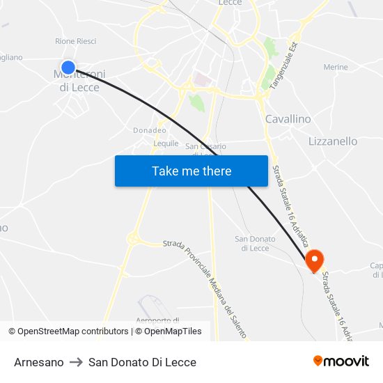Arnesano to San Donato Di Lecce map