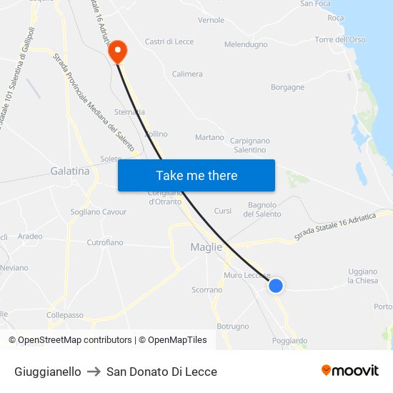 Giuggianello to San Donato Di Lecce map