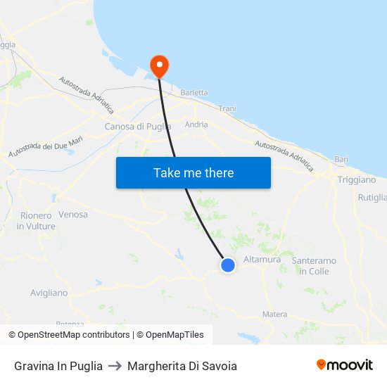 Gravina In Puglia to Margherita Di Savoia map