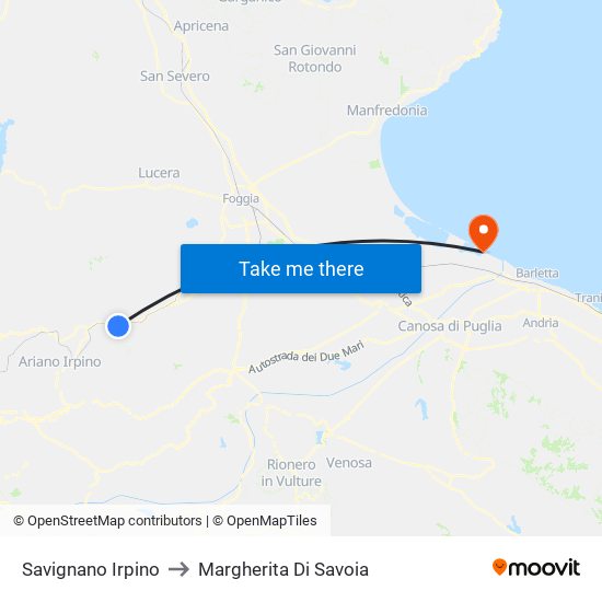 Savignano Irpino to Margherita Di Savoia map