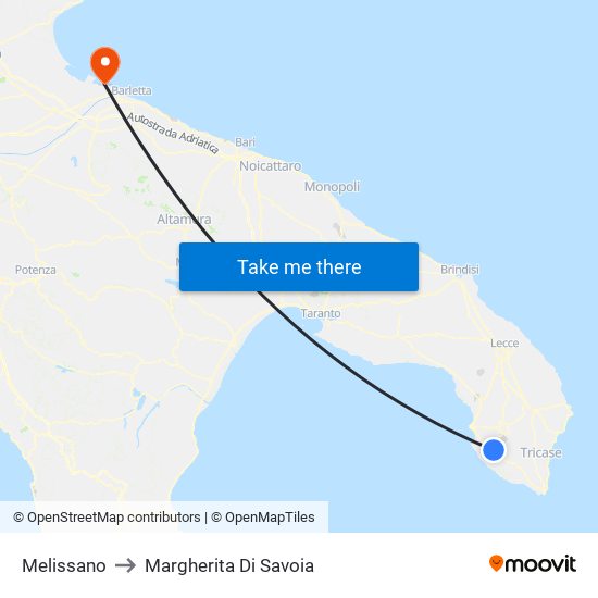 Melissano to Margherita Di Savoia map