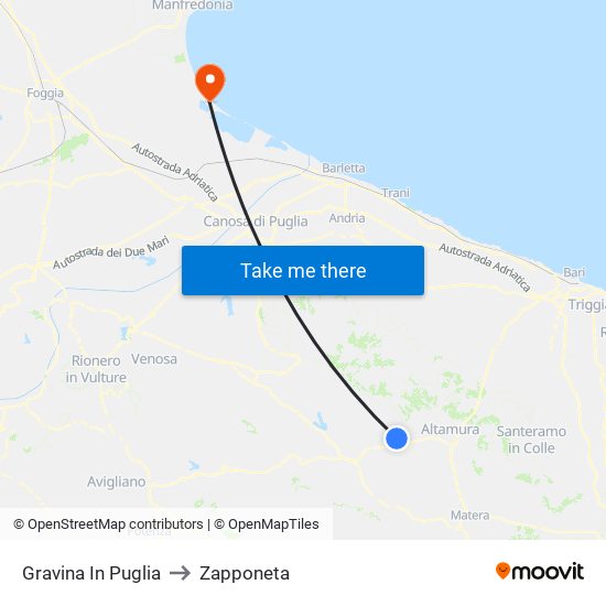 Gravina In Puglia to Zapponeta map