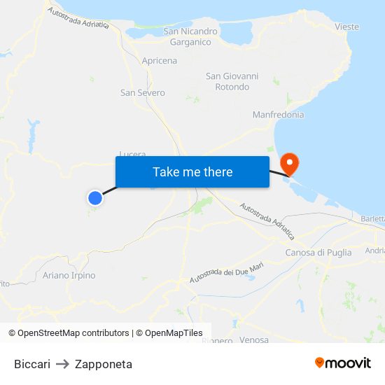 Biccari to Zapponeta map